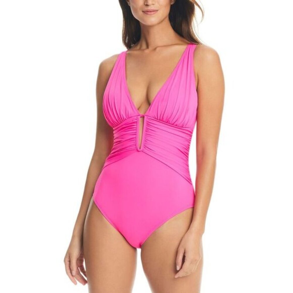 Bleu by Rod Beattie Womens Ruched With Cutout One-Piece Swimsuit 12 Pink - NWT
